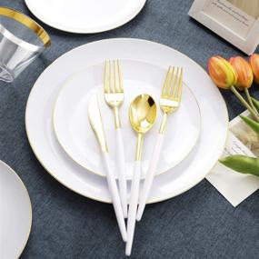 img 2 attached to 🍽️ THALIA 180pcs Gold Plastic Plates: Premium White and Gold Dinnerware Set for Christmas, Wedding & Birthday - Disposable Party Plates