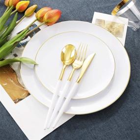 img 1 attached to 🍽️ THALIA 180pcs Gold Plastic Plates: Premium White and Gold Dinnerware Set for Christmas, Wedding & Birthday - Disposable Party Plates