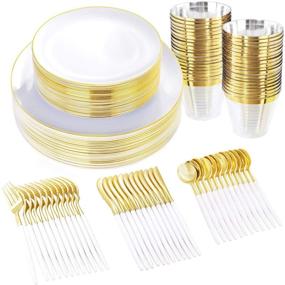 img 4 attached to 🍽️ THALIA 180pcs Gold Plastic Plates: Premium White and Gold Dinnerware Set for Christmas, Wedding & Birthday - Disposable Party Plates