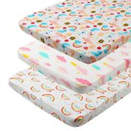 🌈 premium jersey cotton pack n play sheet set for baby girl - 3 pack fitted playard mattress cover, white with rainbows, colorful clouds, bird, and bee pattern logo