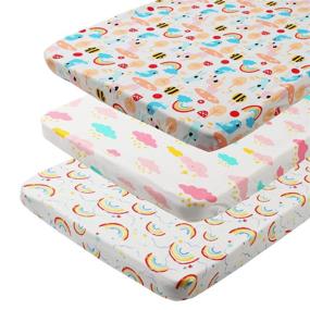 img 4 attached to 🌈 Premium Jersey Cotton Pack n Play Sheet Set for Baby Girl - 3 Pack Fitted Playard Mattress Cover, White with Rainbows, Colorful Clouds, Bird, and Bee Pattern