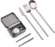 portable stainless steel travel cutlery set with reusable chopsticks - outlery full set for camping, picnic, office, and on-the-go - raw silver (pocket sized flatware set) logo