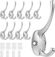 🧷 coranso 10-pack silver zinc die cast coat hooks with 48 screws - wall mounted double prong rustic metal hanger | heavy duty bathroom closet robe hook for towel, key, hat logo