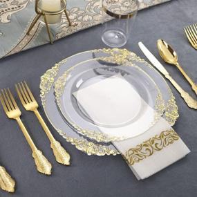 img 2 attached to 🍽️ Nervure 175PCS Clear Gold Plastic Plates - Complete Disposable Dinnerware Set for 25 Guests - Ideal for Weddings & Parties!