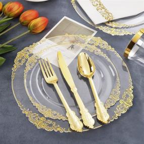 img 3 attached to 🍽️ Nervure 175PCS Clear Gold Plastic Plates - Complete Disposable Dinnerware Set for 25 Guests - Ideal for Weddings & Parties!