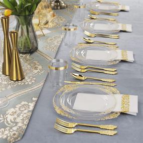 img 1 attached to 🍽️ Nervure 175PCS Clear Gold Plastic Plates - Complete Disposable Dinnerware Set for 25 Guests - Ideal for Weddings & Parties!