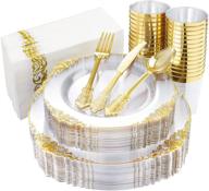 🍽️ nervure 175pcs clear gold plastic plates - complete disposable dinnerware set for 25 guests - ideal for weddings & parties! logo