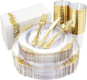 img 4 attached to 🍽️ Nervure 175PCS Clear Gold Plastic Plates - Complete Disposable Dinnerware Set for 25 Guests - Ideal for Weddings & Parties!