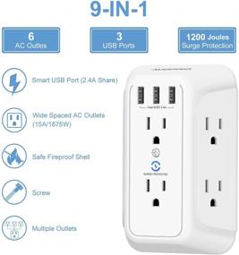 img 3 attached to AUOPRO USB Wall Charger 2 Packs with Surge Protection - Multi Plug Outlet with 3 USB Ports, 6 Outlets and Adapter Spaced Outlets - Ideal for Home and Office, White