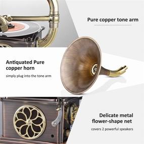 img 3 attached to MEAGEAL Mini Record Player with Bluetooth Speaker and Copper Horn - Retro Phonograph, Vintage Gramophone, Vinyl Record Player Turntable with Aluminum Body, 3.5mm Aux-in, USB Flash Drive, and FM Radio