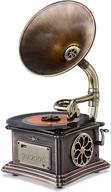 meageal mini record player with bluetooth speaker and copper horn - retro phonograph, vintage gramophone, vinyl record player turntable with aluminum body, 3.5mm aux-in, usb flash drive, and fm radio logo