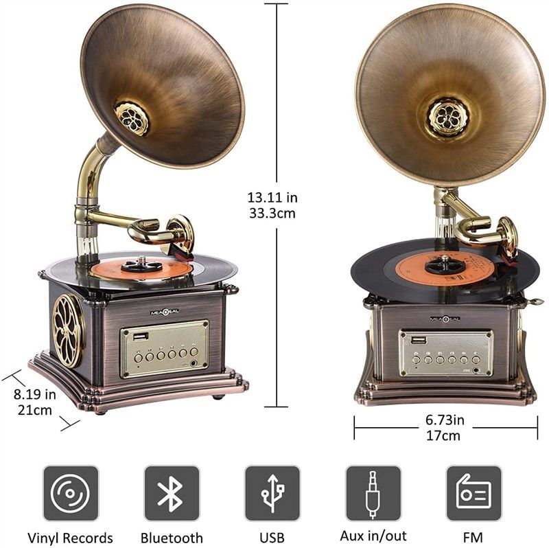 Record Player Retro Turntable All in One Vintage Phonograph Nostalgic  Gramophone for LP with Copper Horn, Built-in Speaker 3.5mm Aux-in/USB