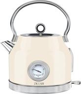 beige electric kettle stainless steel with retro design, filter, thermometer, led switch, auto shut-off, and boil-dry protection логотип