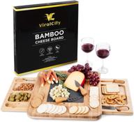 🧀 bamboo cheese board and knife set with snack tray - large 13.8 x 13 x 1.6 inch wooden charcuterie platter for wine, cheese, and meat by viralcity logo