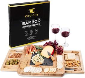 img 4 attached to 🧀 Bamboo Cheese Board and Knife Set with Snack Tray - Large 13.8 x 13 x 1.6 Inch Wooden Charcuterie Platter for Wine, Cheese, and Meat by ViralCity