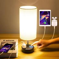 🔌 3-way dimmable touch control bedside lamp with usb ports, outlet, linen fabric shade - ideal modern nightstand lamp for bedroom, dorm, office, kids room - led bulb included логотип