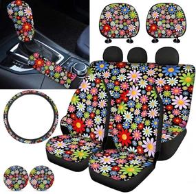 img 4 attached to XYZCANDO Colorful Daisy Flower Car Seat Cover Set Includes Cup Holder/Gear Shift Knob Cover With Handbrake Cover/Car Headrest Covers Set15 Steering Wheel Cover 11 Pcs Full Set Universal Auto Decor