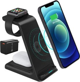 img 4 attached to SHINEVI Wireless Charging Stand: 3-in-1 Fast Charger for Apple Watch, Airpods Pro, iPhone 12/12 Pro Max & More - Qi Enabled with QC3.0 Adapter
