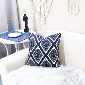 img 3 attached to SLOW COW Geometric Embroidery Cushion Cover 🛋️ with Invisible Zipper - Navy Blue, 18x18 Inch