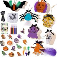 🎃 spooky halloween wooden ornaments for diy home decor: pllieay halloween wood tags with ribbon, spiders, crayons, diamond stickers, feathers & hanging wood embellishments logo