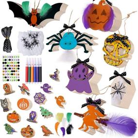 img 4 attached to 🎃 Spooky Halloween Wooden Ornaments for DIY Home Decor: Pllieay Halloween Wood Tags with Ribbon, Spiders, Crayons, Diamond Stickers, Feathers & Hanging Wood Embellishments