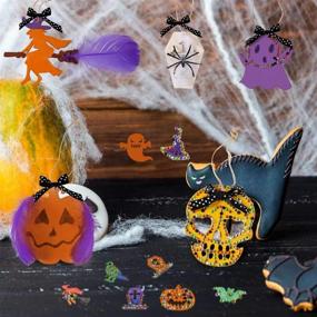 img 3 attached to 🎃 Spooky Halloween Wooden Ornaments for DIY Home Decor: Pllieay Halloween Wood Tags with Ribbon, Spiders, Crayons, Diamond Stickers, Feathers & Hanging Wood Embellishments