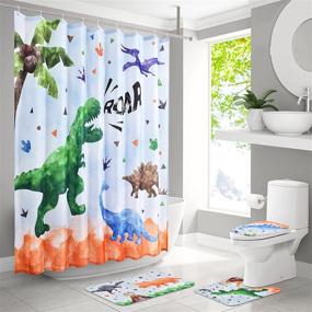 img 4 attached to Dinosaur Bathroom Set for Kids Boys - 4 Piece Shower Curtain and Rug Sets with Toilet Lid Cover, Bath Mat, and Waterproof Polyester Fabric Curtain with Hooks