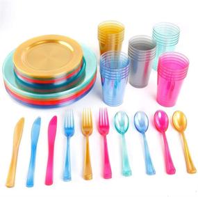 img 2 attached to 🍽️ WDF 25 Guest Gold Plates with Disposable Plastic Silverware & Gold Cups-Neon Yellow Plastic Dinnerware Set - Includes 25 Dinner Plates, 25 Salad Plates, 25 Forks, 25 Knives, 25 Spoons, and 25 Plastic Cups