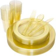 🍽️ wdf 25 guest gold plates with disposable plastic silverware & gold cups-neon yellow plastic dinnerware set - includes 25 dinner plates, 25 salad plates, 25 forks, 25 knives, 25 spoons, and 25 plastic cups logo