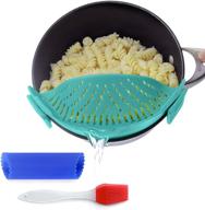 salbree aqua silicone clip-on kitchen food strainer set - pasta, spaghetti, ground beef grease straining, colander & sieve attachment for bowls, pots, pans - includes brush & garlic peeler logo