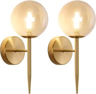 🌟 stylish set of 2 mid century wall sconces with amber glass shade - brass vanity light wall lamps логотип