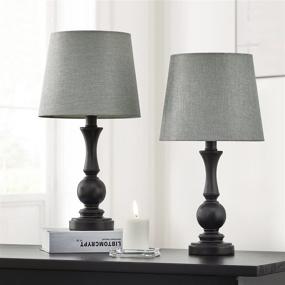 img 2 attached to 🏮 Set of 2 PoKat 17" Traditional Table Lamps for Living Room Bedroom Vintage Bedside Nightstand Lamp Rustic Resin Table Lamps Black with Grey Fabric Shade