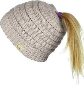 img 4 attached to 🎩 C.C BeanieTail Kids' Soft Cable Knit Ponytail Beanie Hat: Messy High Bun Style for Children