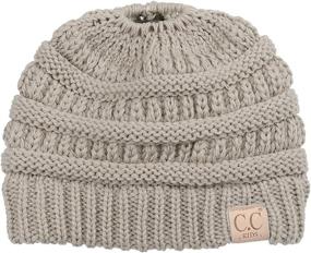 img 2 attached to 🎩 C.C BeanieTail Kids' Soft Cable Knit Ponytail Beanie Hat: Messy High Bun Style for Children