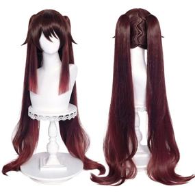 img 4 attached to 🎭 Hu Tao Cosplay Wig: SL Brown Pigtails for Genshin Impact Anime Straight Hair with Ponytails + Cap