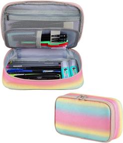 img 4 attached to 🌈 Pencil Case Organizer, Vaschy Rainbow Large Capacity Pen Holder Pouch with Double Zippers, Multi Compartments, and Easy-Access Mesh Pockets