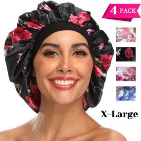 img 4 attached to 👩 XL Silk Bonnet for Natural Hair, Women Sleep Cap Bonnets - 4 Pack, with Comfortable Wind Band