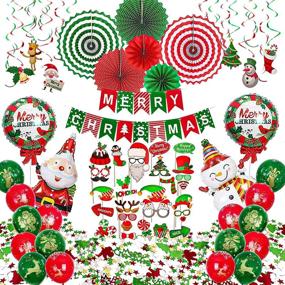 img 4 attached to 🎄 Complete 74-Piece Set of Christmas Party Decorations Supplies - Includes Paper Fans, Hanging Swirls, Photo Booth Props, Balloons, Confetti, and Banner