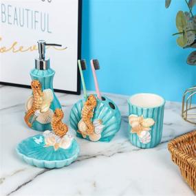 img 3 attached to FORLONG Ceramic Bathroom Accessories Set with 3D Floating Seahorse Shell Design - 4 Piece Ensemble Including Toothbrush Holder, Cup, Soap Dispenser, Soap Dish in Green