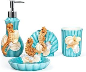 img 4 attached to FORLONG Ceramic Bathroom Accessories Set with 3D Floating Seahorse Shell Design - 4 Piece Ensemble Including Toothbrush Holder, Cup, Soap Dispenser, Soap Dish in Green