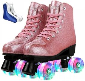 img 4 attached to Shiny PU Leather High-top Roller Skates: Classic Double-Row Shoes for Women & Men - Ideal for Beginners - Perfect for Indoor & Outdoor Use