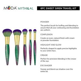 img 2 attached to 💄 MODA Travel Size Mythical Sweet Siren 6pc Makeup Brush Set with Pouch - Powder, Complexion, Highlight and Glow, Cease, and Eye Shader Brushes, Multi-Color