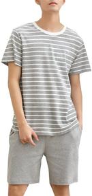 img 4 attached to 👕 Stylish Boys Striped Cotton Pajama Set - Loose Fit Pants, Shorts & Top Sleepwear for Ages 8-17