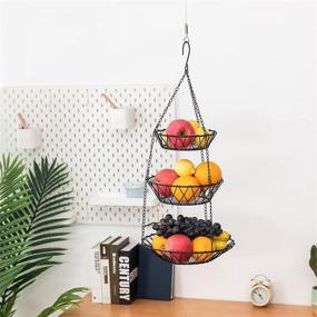 img 2 attached to 🧺 Adjustable Heavy Duty 3-Tier Hanging Basket - Rustic Country Style, Space Saving Fruit and Vegetable Organizer for Kitchen Storage - Wall Mount Ceiling Hanging Hooks, Black Wire Basket