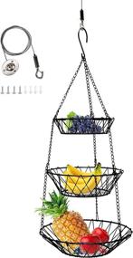 img 4 attached to 🧺 Adjustable Heavy Duty 3-Tier Hanging Basket - Rustic Country Style, Space Saving Fruit and Vegetable Organizer for Kitchen Storage - Wall Mount Ceiling Hanging Hooks, Black Wire Basket