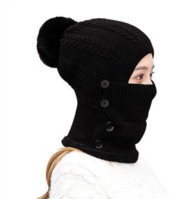 img 3 attached to Women's Girls Winter Knitted Beanie Hat with Face Neck Warmer - 3 in 1 Set - Fleece Lining, Pom Pom, Ski Caps