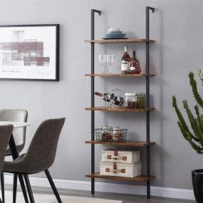 img 3 attached to 📚 SUPERJARE Rustic Brown 5-Tier Industrial Ladder Shelf - 72-inch Wall-Mounted Bookcase with Stable Metal Frame for Home Office, Storage Rack Shelves for Displaying Plants, Flowers, and Books