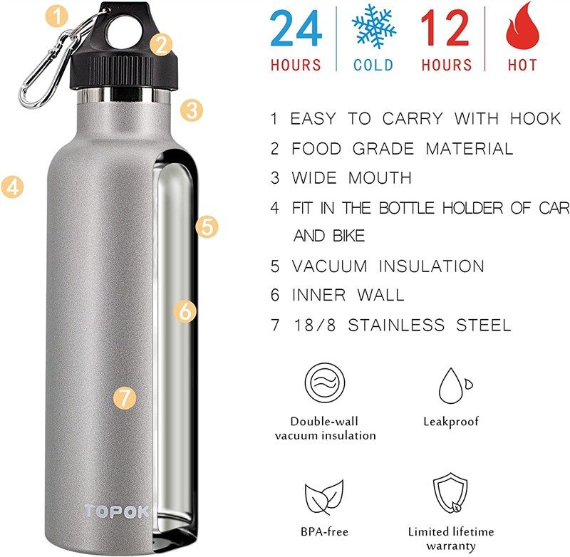 TOPOKO Top Quality Colored Non-Rusty Stainless Steel Vacuum Water Bottle Double Wall Insulated Thermos, Sports Hike Travel, Leak