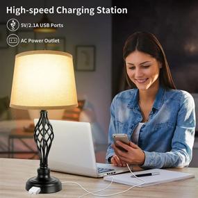 img 2 attached to 🔌 Touch Control Table Lamp Set with USB Port and AC Outlet - 3-Way Dimmable Bedside Nightstand Lamp for Bedroom and Living Room