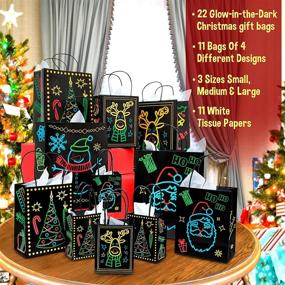 img 3 attached to 🎁 Christmas Glow-in-The-Dark Gift Bag Set - 22 Piece: 11 Bags (4 Designs, 3 Sizes) with 11 White Tissue Papers, Unique Luminous Festive Designs & Patterns